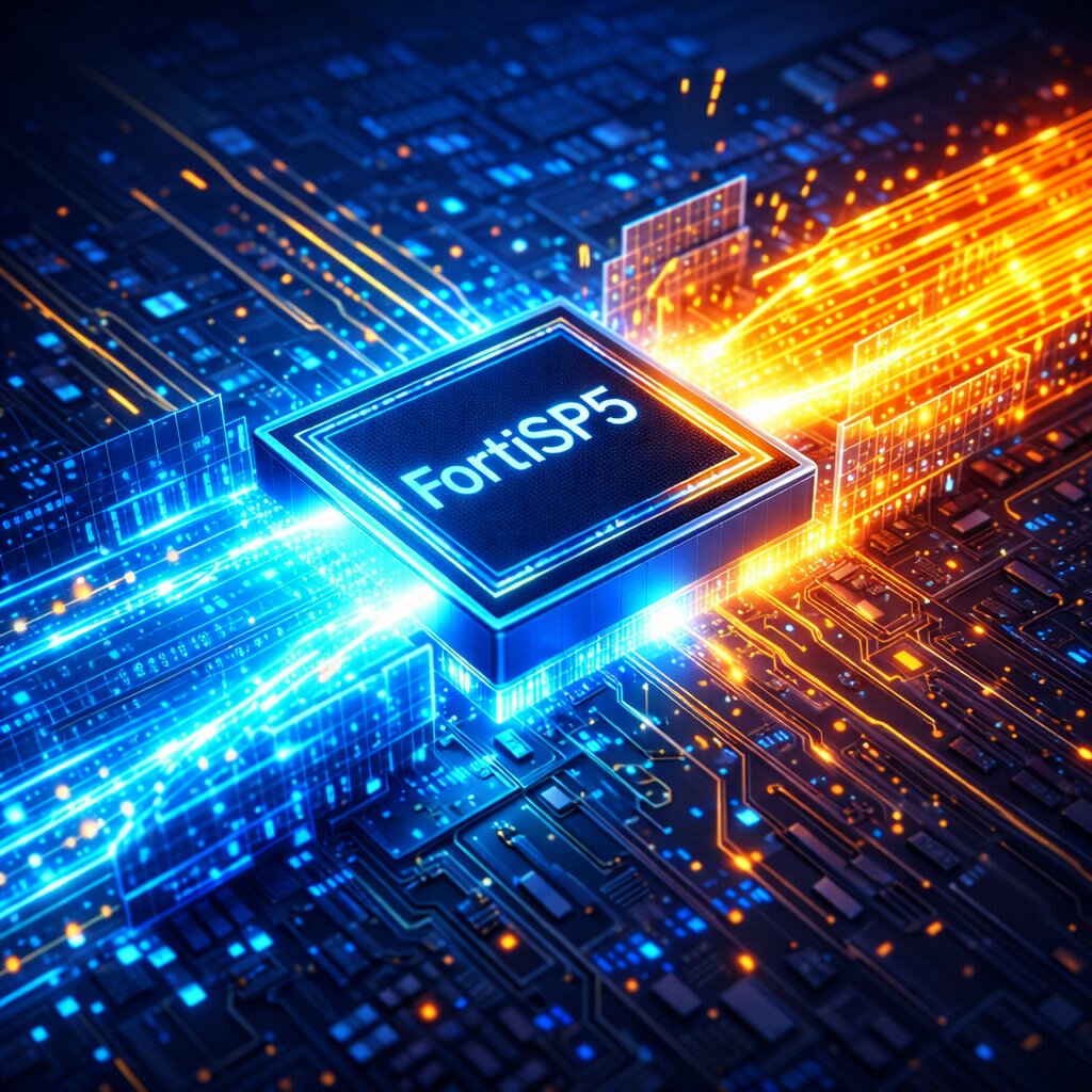 ภาพจำลองการทำงานของชิปประมวลผลเครือข่ายความเร็วสูง FortiSP5 ในอุตสาหกรรมไซเบอร์