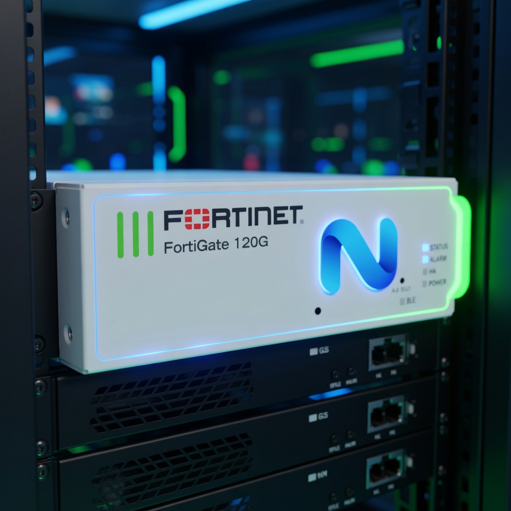 อุปกรณ์ FortiGate 120G บนตู้เซิร์ฟเวอร์ แสดงถึงความล้ำสมัยด้านเทคโนโลยีความปลอดภัยไซเบอร์
