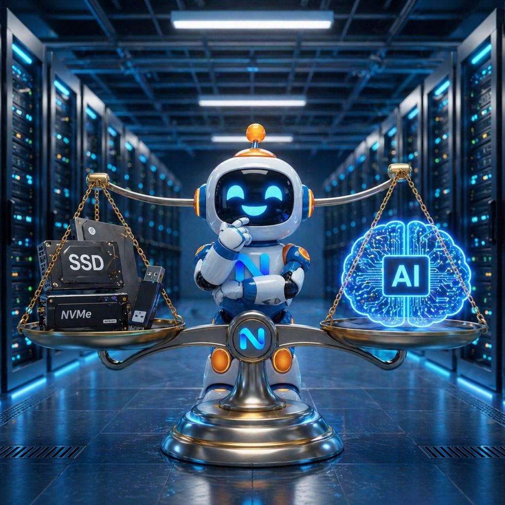 ภาพ 3 มิติเชิงสัญลักษณ์ รูปตาชั่งที่ด้านหนึ่งเป็นกองอุปกรณ์จัดเก็บข้อมูล (SSD) และอีกด้านเป็นสัญลักษณ์สมอง AI เรืองแสง โดยมีฉากหลังเป็นเซิร์ฟเวอร์ใน Data Center สื่อถึงวัฏจักรความสมดุลระหว่างความต้องการของ AI และทรัพยากรจัดเก็บข้อมูล