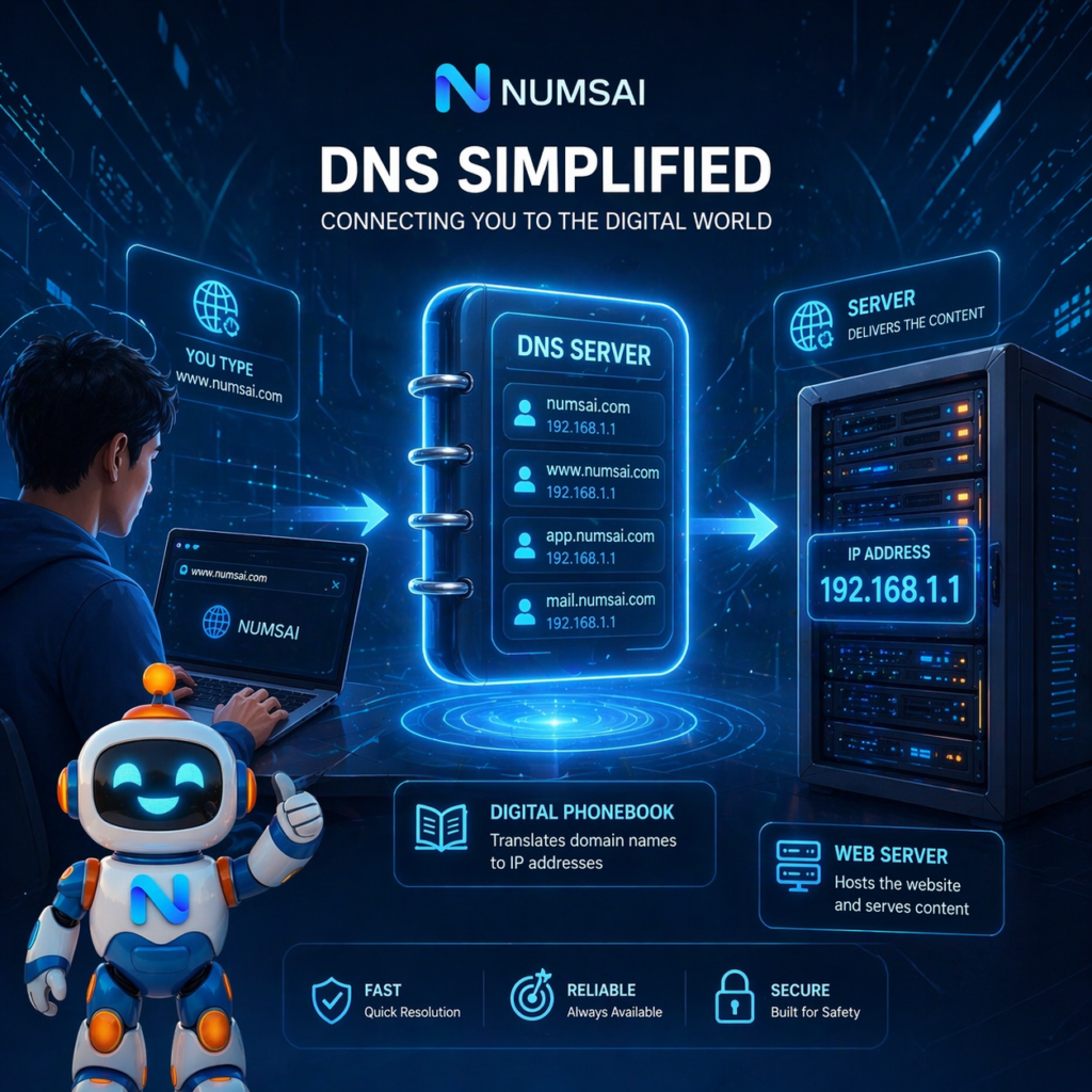ภาพกราฟิกอธิบายการเปรียบเทียบ DNS กับสมุดโทรศัพท์ของอินเทอร์เน็ต