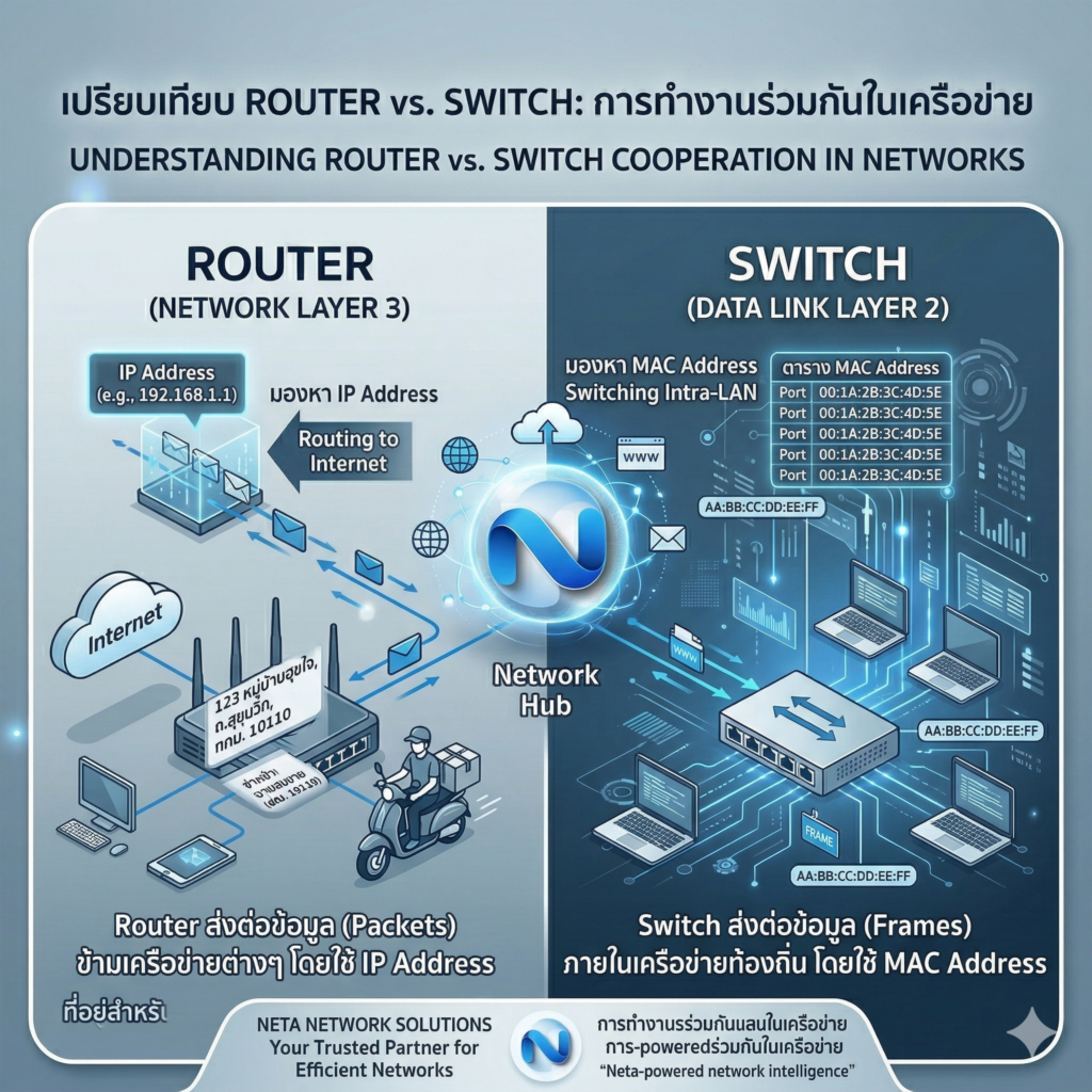 ไดอะแกรมเปรียบเทียบการทำงานของ IP Address และ MAC Address ในโครงสร้างเครือข่าย OSI Model