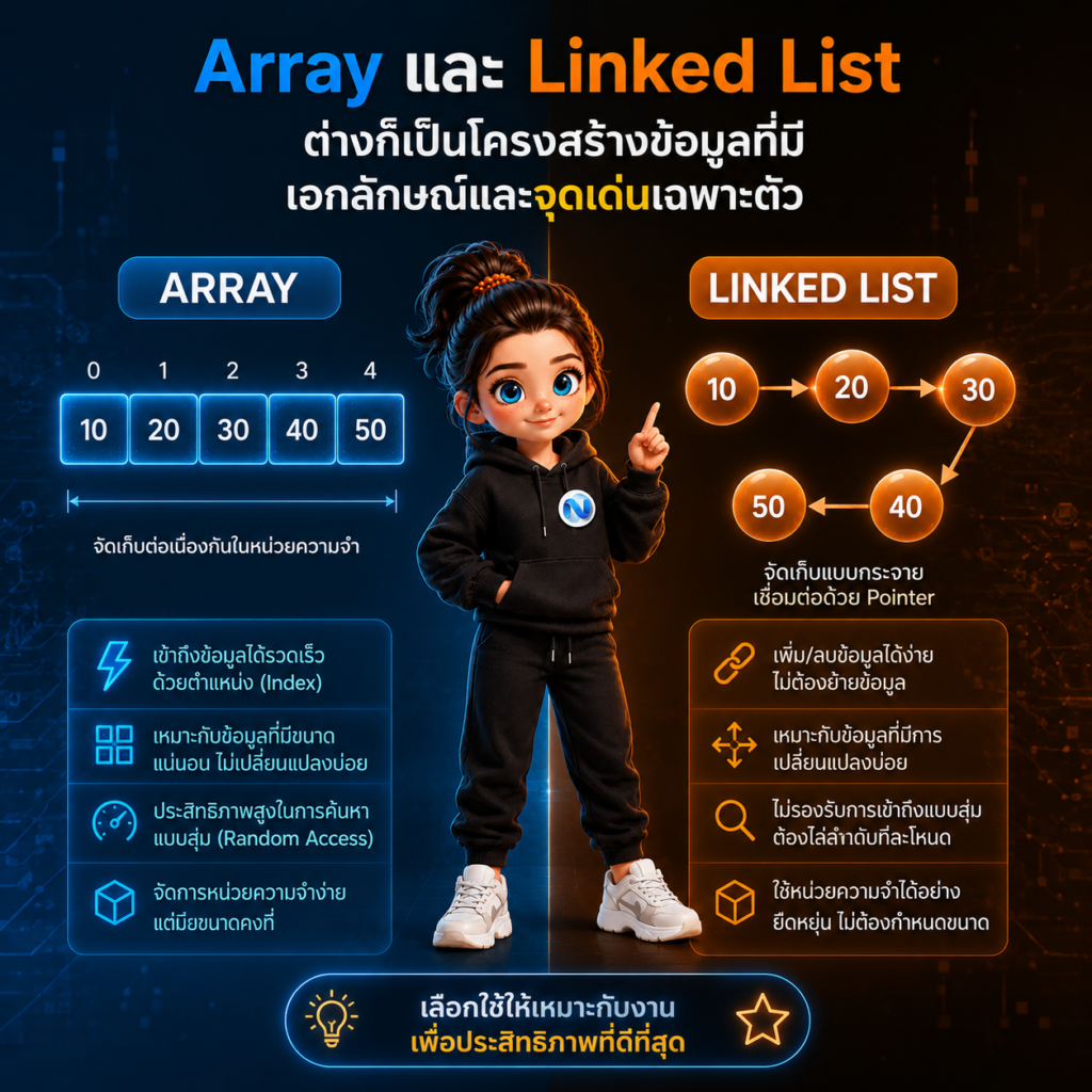 Array และ Linked List ต่างก็เป็นโครงสร้างข้อมูลที่มีเอกลักษณ์และจุดเด่นเฉพาะตัว