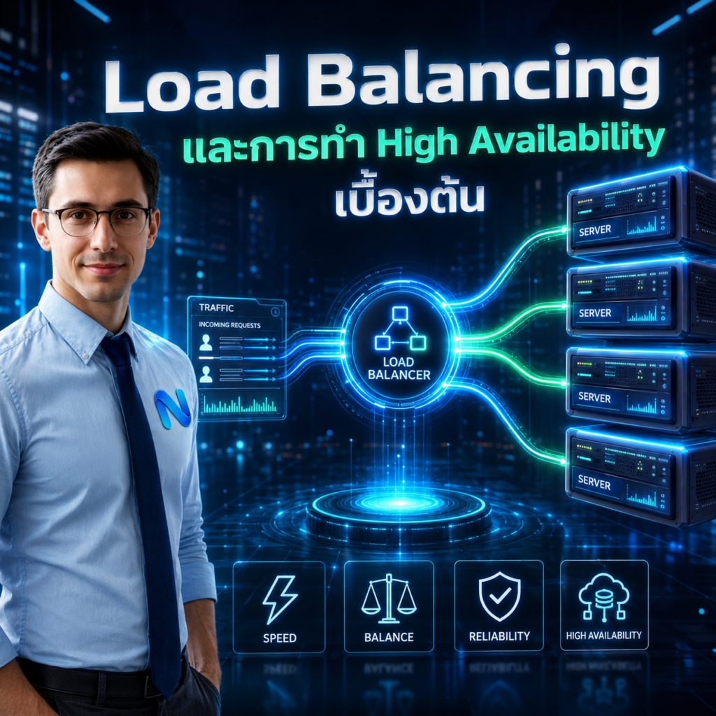 ภาพจำลองแนวคิดการทำงานของ Load Balancing ในการกระจายทราฟฟิกข้อมูลไปยังเซิร์ฟเวอร์หลายเครื่องอย่างสมดุล