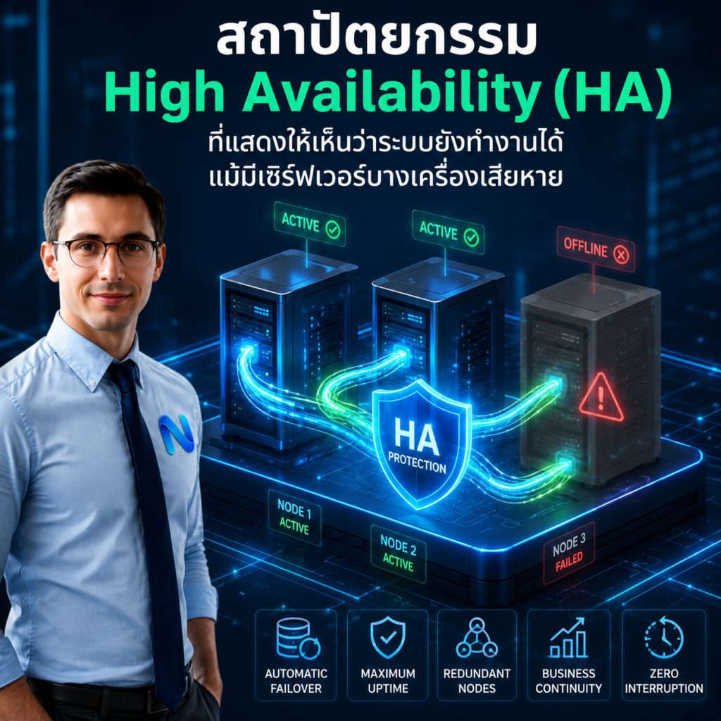 สถาปัตยกรรม High Availability (HA) ที่แสดงให้เห็นว่าระบบยังทำงานได้แม้มีเซิร์ฟเวอร์บางเครื่องเสียหาย