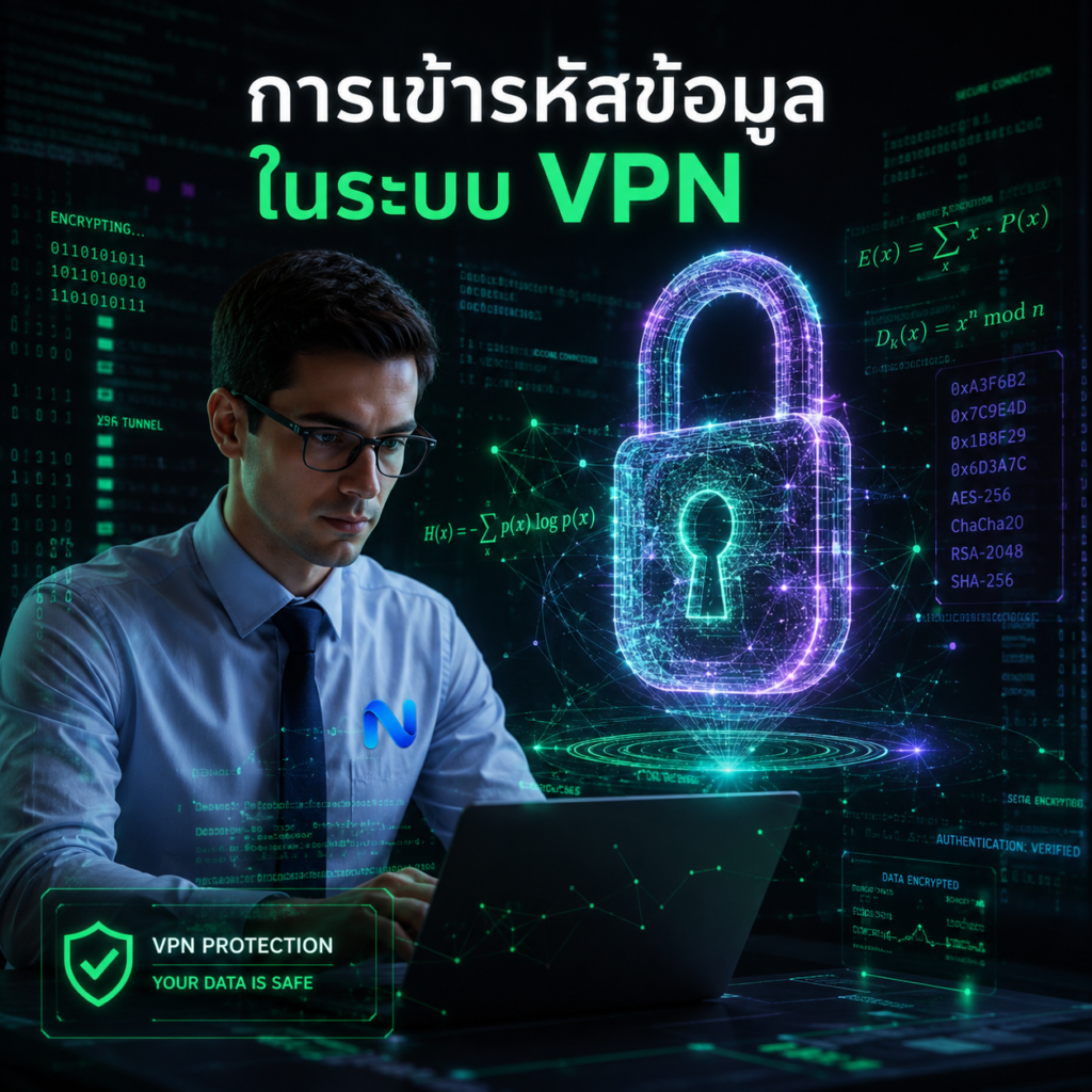สัญลักษณ์แม่กุญแจดิจิทัลแสดงถึงการเข้ารหัสข้อมูลในระบบ VPN