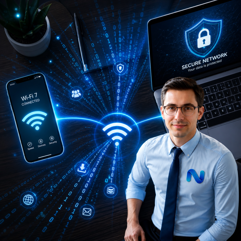 อุปกรณ์สมาร์ทโฟนและแล็ปท็อปเชื่อมต่อเครือข่าย Wi-Fi ที่รวดเร็วและปลอดภัย