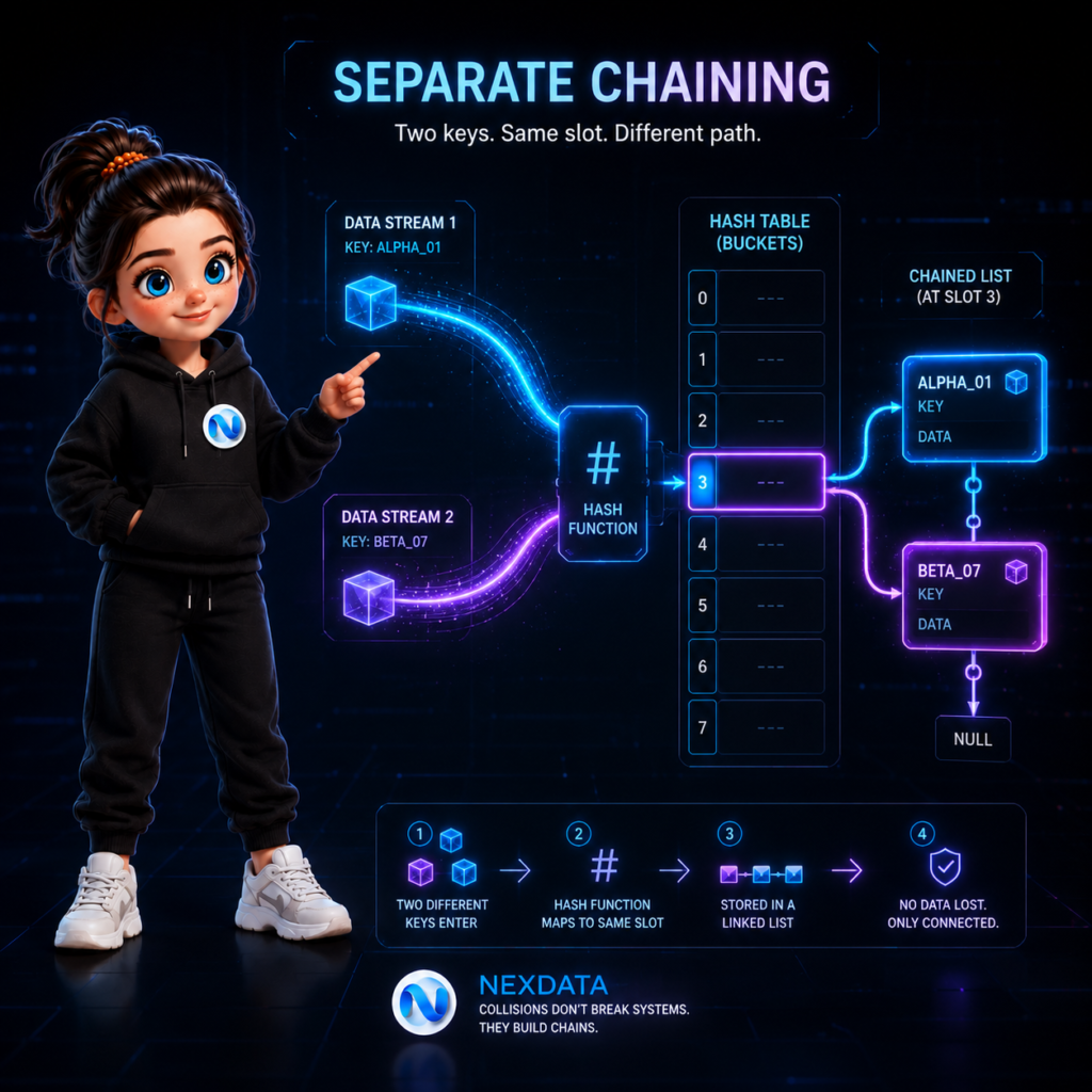 แผนภาพแสดงการจัดการการชนกันของข้อมูล (Hash Collision) ด้วยวิธี Separate Chaining