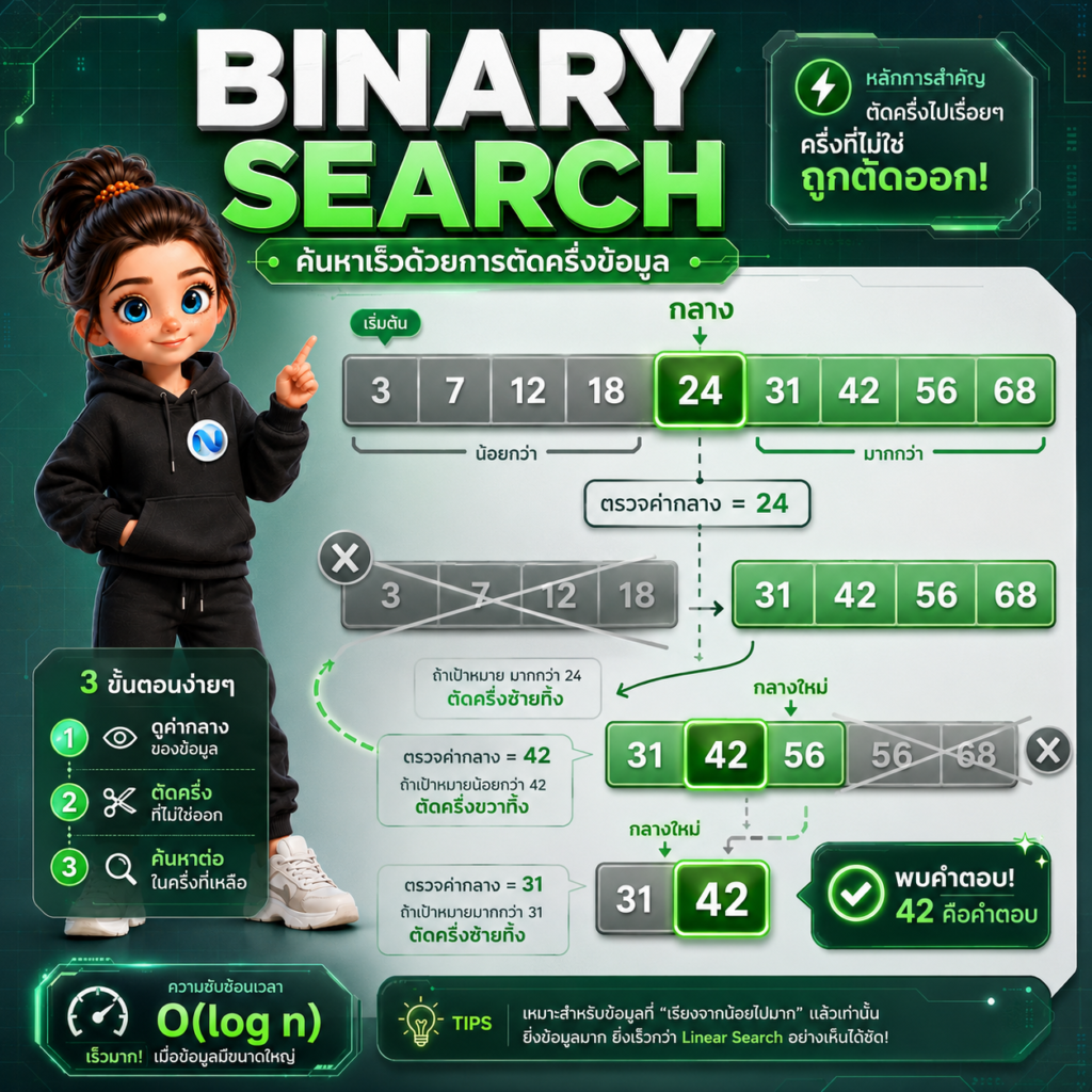 แผนภาพอธิบายการทำงานของ Binary Search อัลกอริทึมการแบ่งครึ่งข้อมูลเพื่อค้นหา