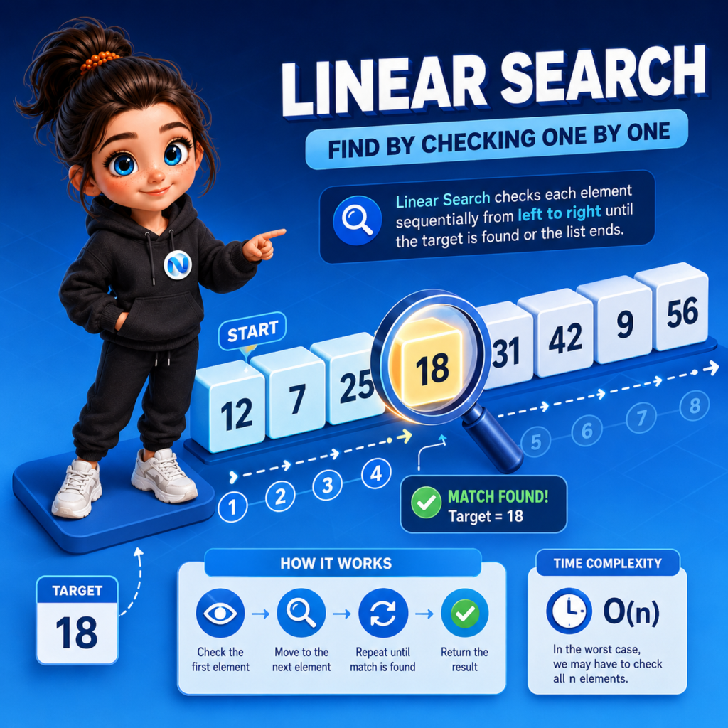 แผนภาพอธิบายการทำงานของ Linear Search อัลกอริทึมการค้นหาข้อมูลทีละลำดับ