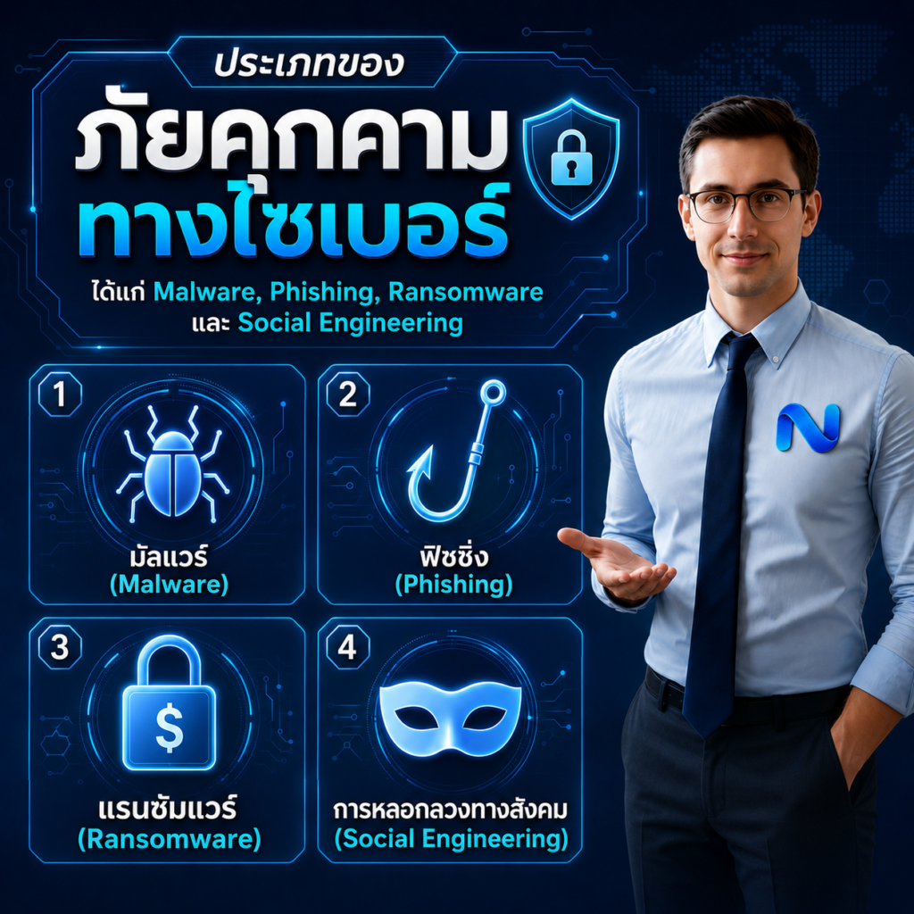 ประเภทของภัยคุกคามทางไซเบอร์ ได้แก่ Malware, Phishing, Ransomware และ Social Engineering
