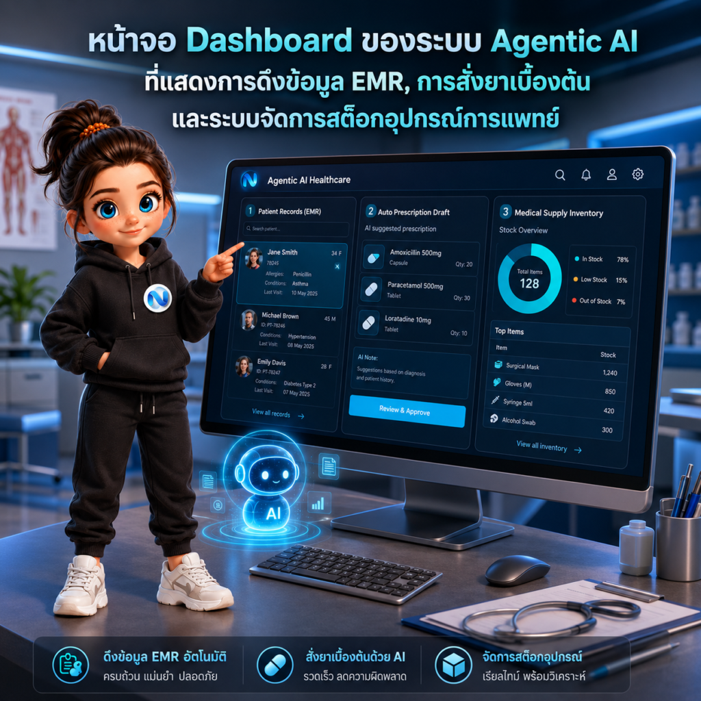 หน้าจอ Dashboard ของระบบ Agentic AI ที่แสดงการดึงข้อมูล EMR, การสั่งยาเบื้องต้น และระบบจัดการสต๊อกอุปกรณ์การแพทย์