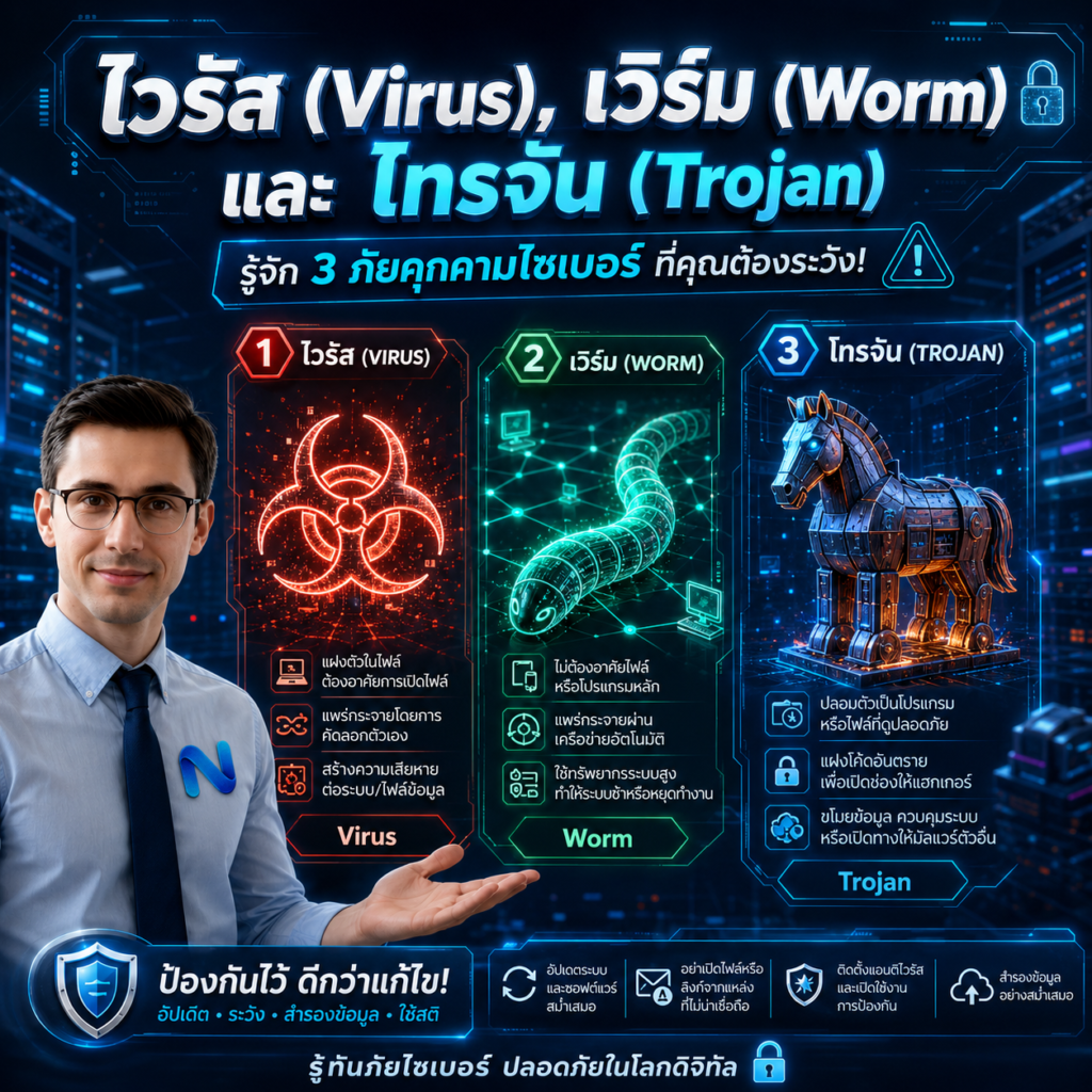 ไวรัส (Virus), เวิร์ม (Worm) และ โทรจัน (Trojan)