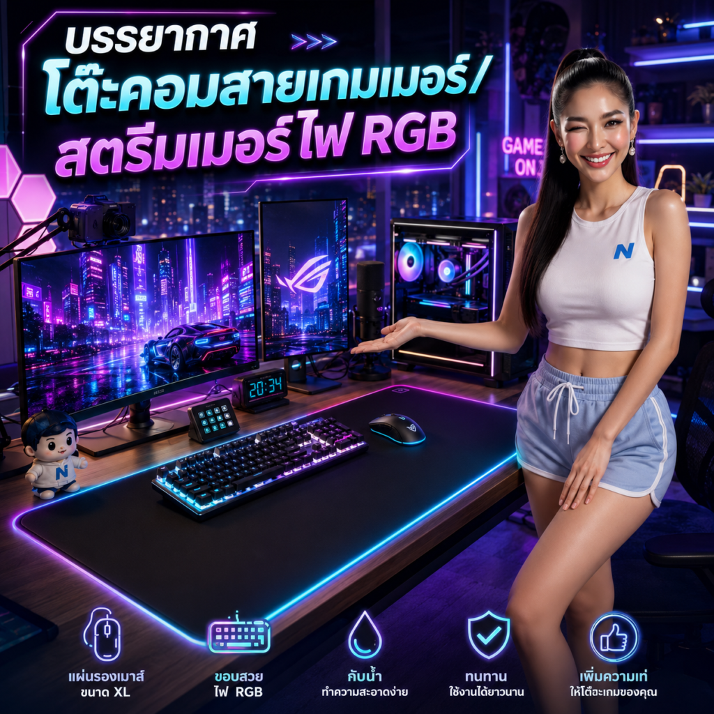 บรรยากาศโต๊ะคอมสายเกมเมอร์สตรีมเมอร์ไฟ RGB