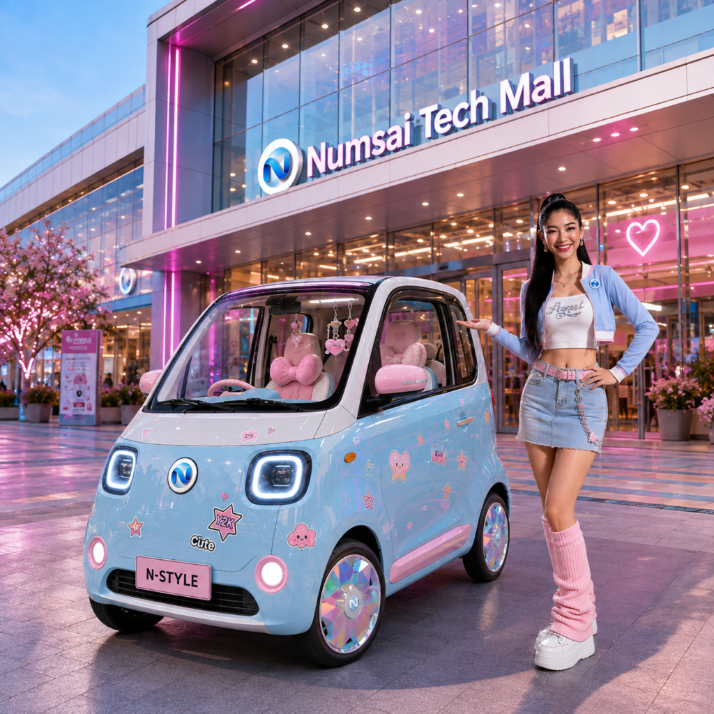มุมมองภายนอก Mini EV แต่งสติกเกอร์ Y2K ฝาครอบล้อสีโฮโลแกรม