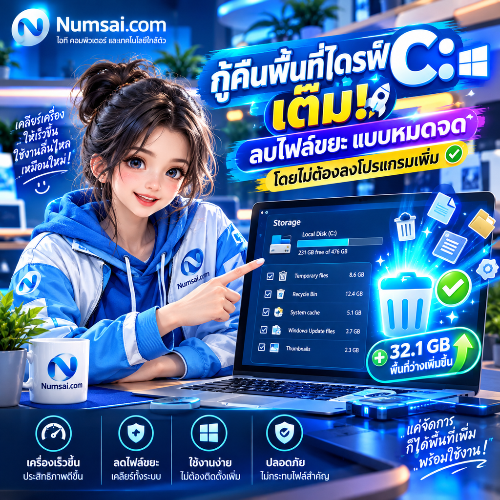 วิธีกู้คืนพื้นที่ไดรฟ์ C เต็ม ลบไฟล์ขยะแบบหมดจดโดยไม่ต้องลงโปรแกรมเพิ่ม