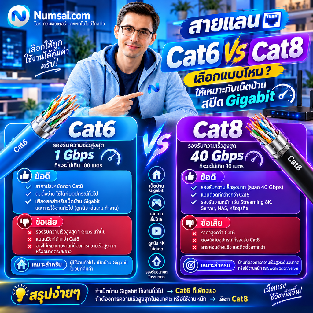สายแลน (LAN) Cat6 vs Cat8 เลือกแบบไหนให้เหมาะกับเน็ตบ้านสปีด Gigabit