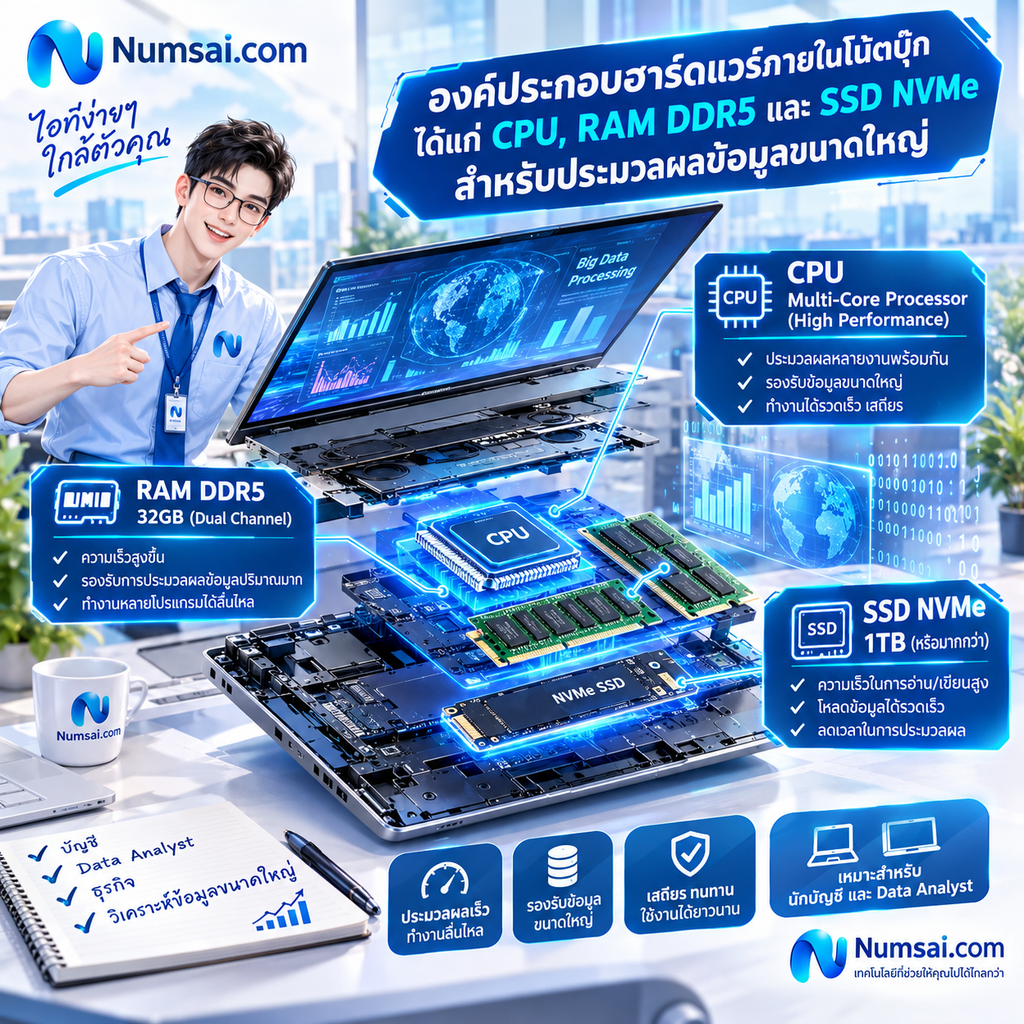 องค์ประกอบฮาร์ดแวร์ภายในโน้ตบุ๊ก ได้แก่ CPU, RAM DDR5 และ SSD NVMe สำหรับประมวลผลข้อมูลขนาดใหญ่