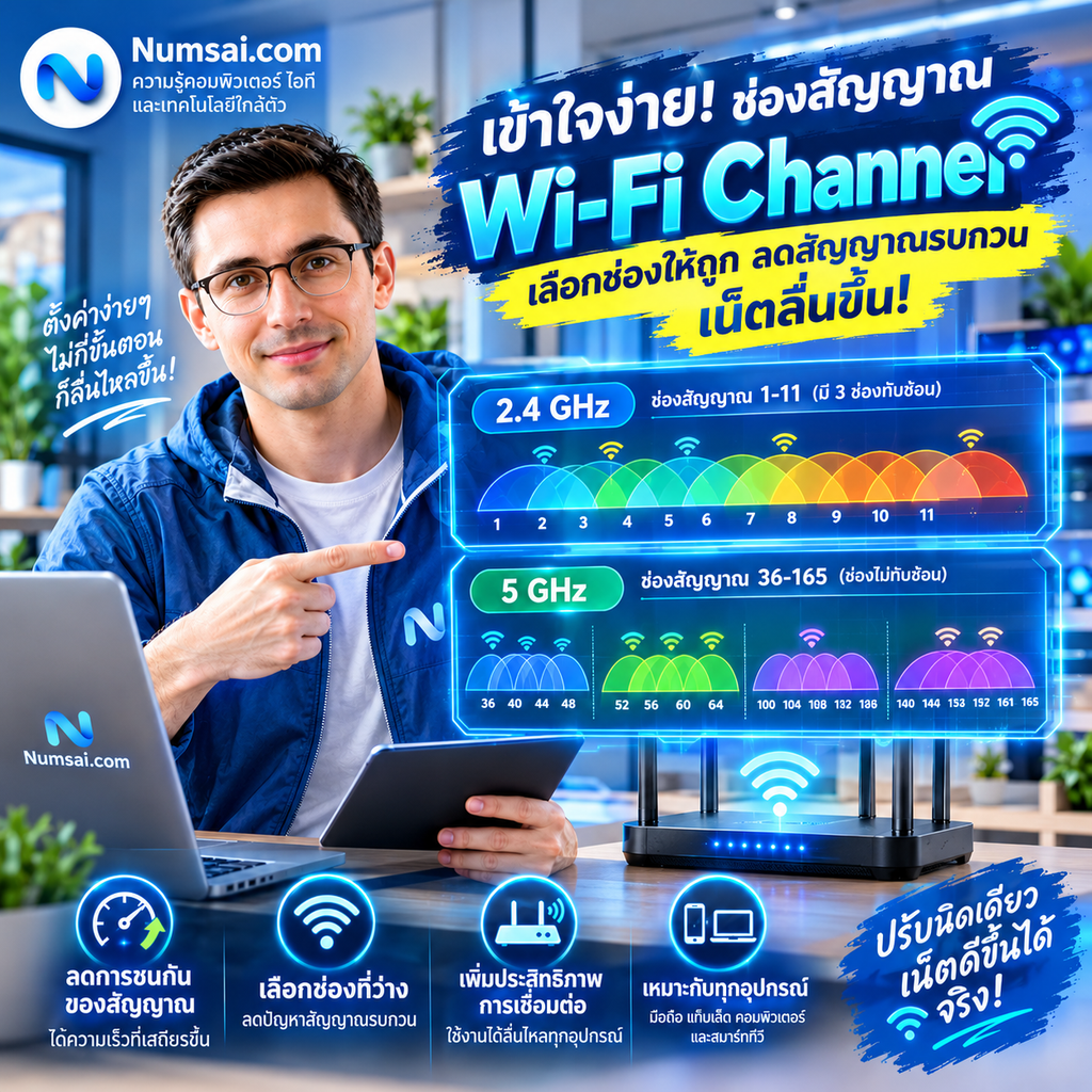 อินโฟกราฟิกเลือกช่อง Wi‑Fi ให้เน็ตลื่นขึ้น