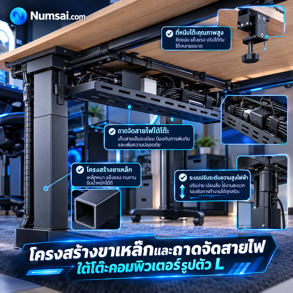 โครงสร้างโต๊ะ L พร้อมถาดจัดสายไฟ